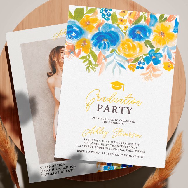 Vattenfärgsfoto för blommigten Blå gult studenten Inbjudningar (Blue yellow floral watercolor photo graduation invitation)