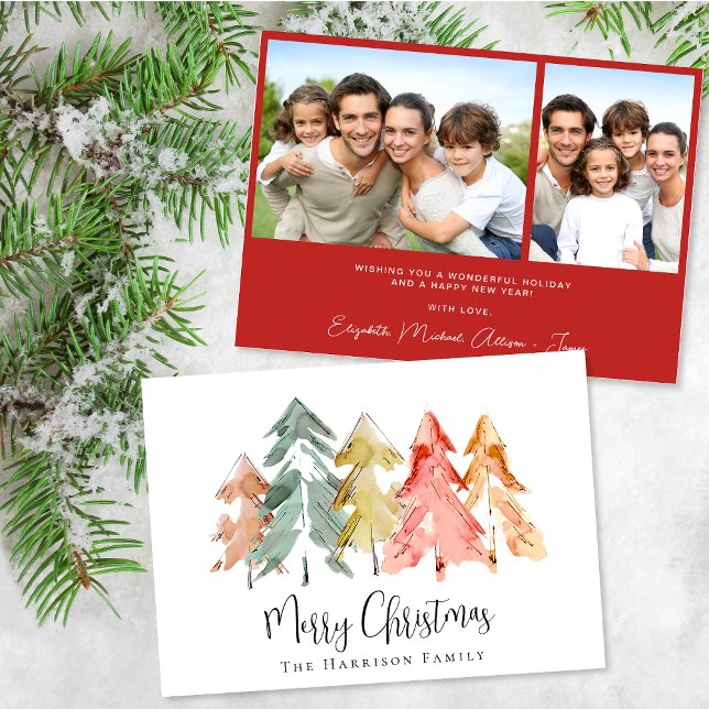 Vattenfärgsfoto för god jul Gräs Träd Julkort (Share the love and warmth of the holiday season with this personalized photo Christmas card)