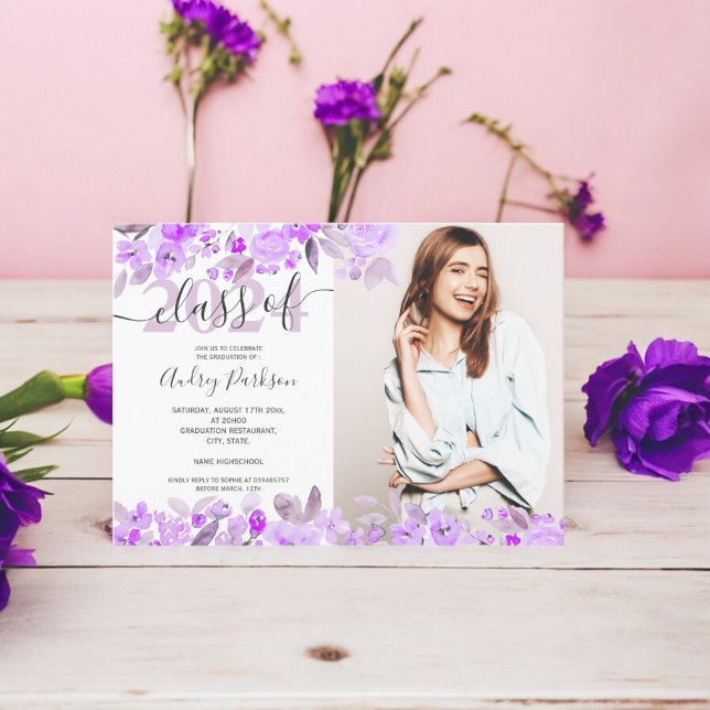 Vattenfärgsfoto för Lavender lila blommigt student Inbjudningar (Lavender purple floral watercolor photo graduation invitation)