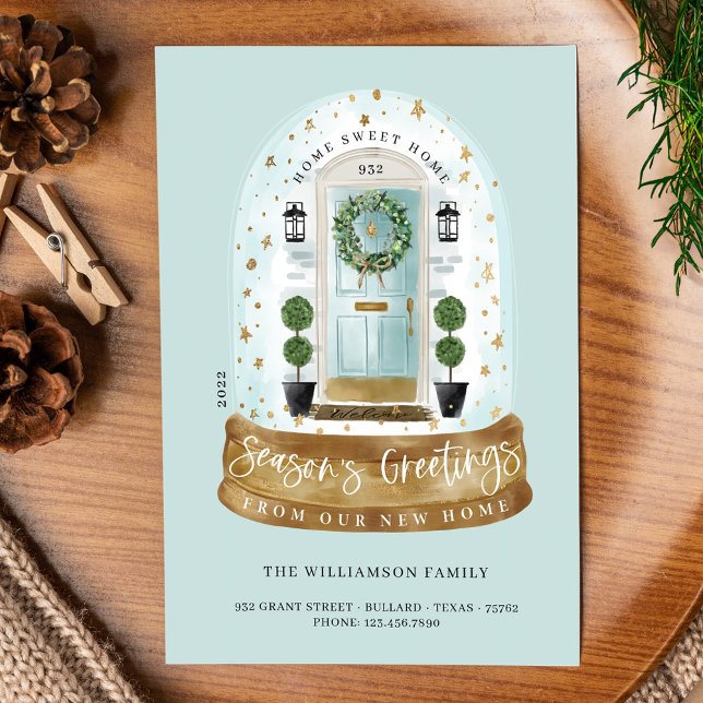 Vattenfärgsfoto från Aqua Door Snö Globe New Home  Julkort (Watercolor Aqua Door Snow Globe New Home Photo Holiday Card)