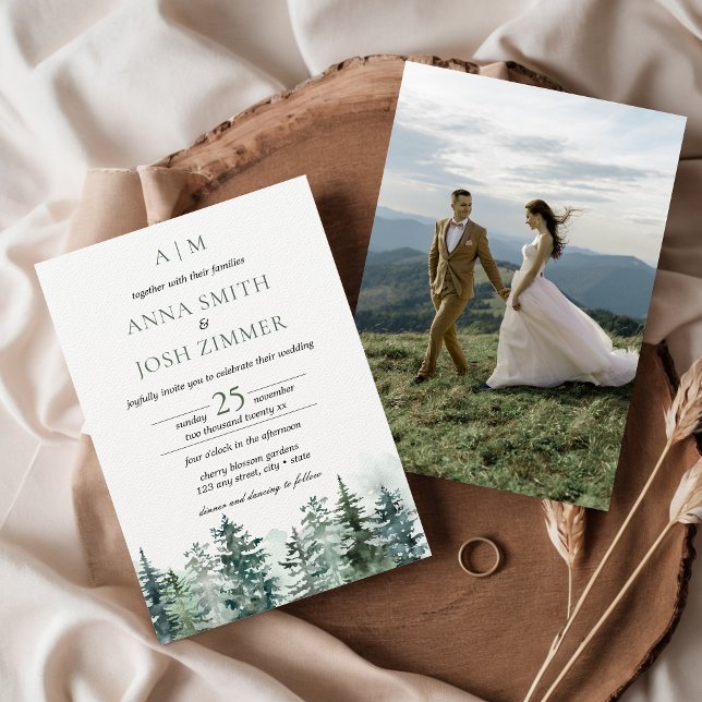 Vattenfärgsfoto Gräs Träd Forest Rustic Photo Bröl Inbjudningar (Pine Tree Forest Mountain Rustic Outdoor Camping Greenery  Photo Wedding Invitation)