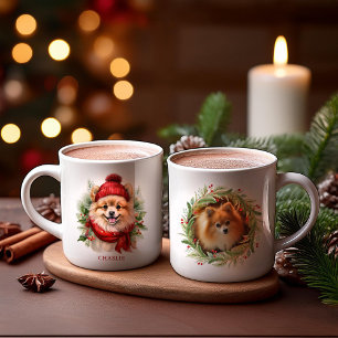 Vattenfärgsfoto Jul Pomeranian Hund Photo Kaffemugg