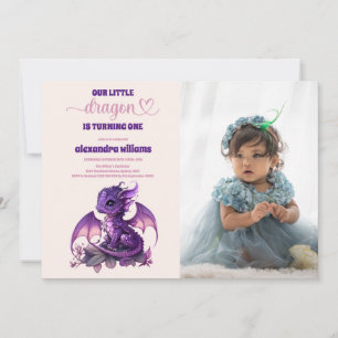 Vattenfärgsfoto Lila Dragon 1:a födelsedagsfoto Inbjudningar