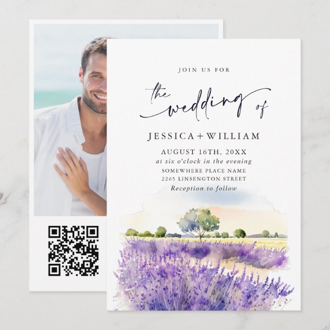 Vattenfärgsfoto Lila Lavender Fält Bröllop QR Inbjudningar (Fram/baksida)