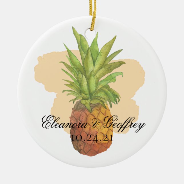 Vattenfärgsfoto Pineapple Tropical Summer Bröllop Julgransprydnad Keramik (Framsidan)