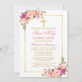 Vattenfärgsfoto Rosa Blommigt Guld First Communion Inbjudningar