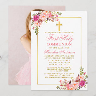 Vattenfärgsfoto Rosa Blommigt Guld First Communion Inbjudningar