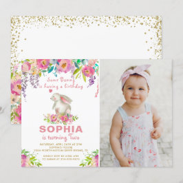 Vattenfärgsfoto Rosa Blommigt Lite Bunny Birthday  Inbjudningar