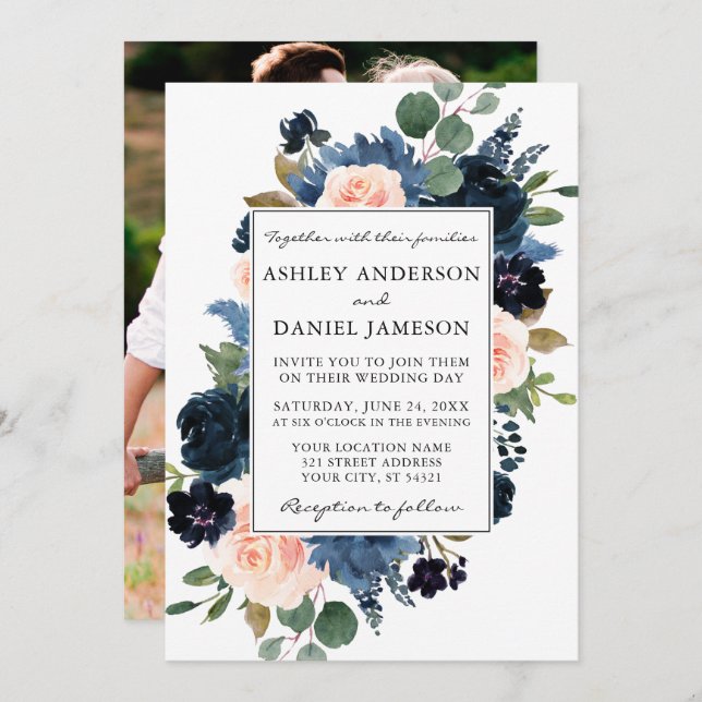 Vattenfärgsfoto Rosa Dusty Blue Blommigt Photo Brö Inbjudningar (Fram/baksida)