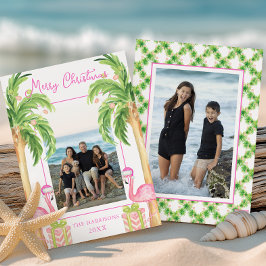 Vattenfärgsfoto Rosa Flamingo Beach-julfoto Julkort