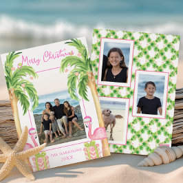 Vattenfärgsfoto Rosa Flamingo Beach-julfoto Julkort
