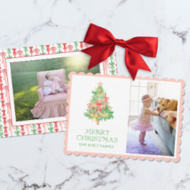 Vattenfärgsfoto Rosa Grönt Bow Coquette-julfoto Julkort