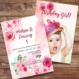 Vattenfärgsfoto, Rosa ros, första födelsetalet Mag Inbjudningar