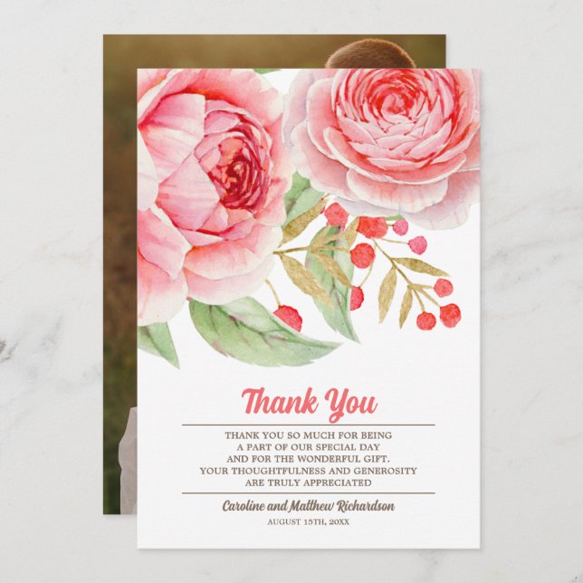 Vattenfärgsfoto, Tack-fotokort, Blommigt Bröllop Tack Kort (Fram/baksida)