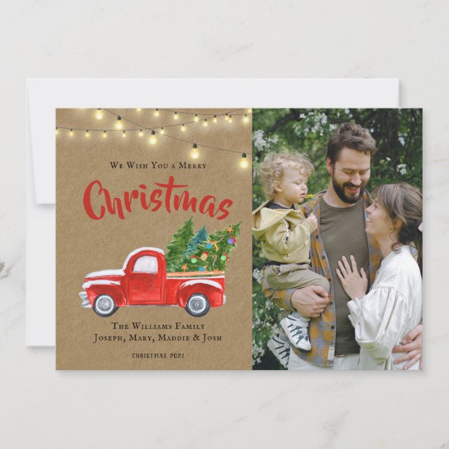 Vattenfärgsfoto Vintage Red Lastbil Träd Helgdag (Framsida)