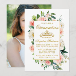 Vattenfärgsfoto Vit Blommigt Quinceanera Rosa Inbjudningar