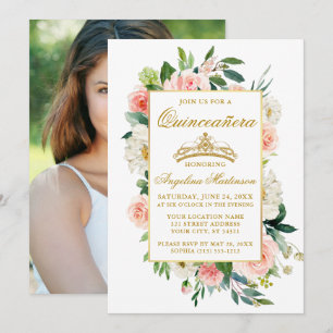 Vattenfärgsfoto Vit Blommigt Quinceanera Rosa Inbjudningar