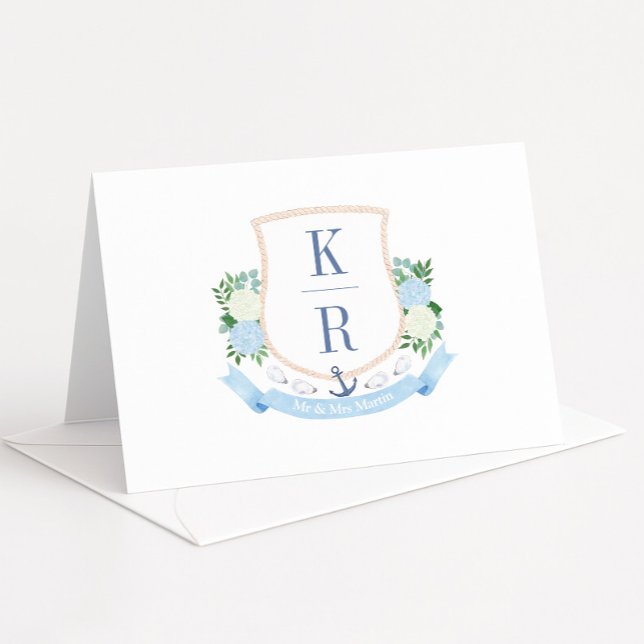 Vattenfärgsfotot för kusttema Vapensköld Bröllop Tack Kort (Stylish coastal inspired watercolor couples monogram crest wedding thank you cards)