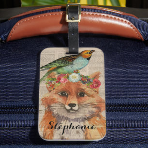 Vattenfärgsfox Blommigt Collage Personlig Namn Bagagebricka