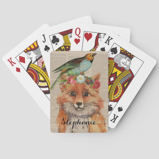 Vattenfärgsfox Blommigt Collage Personlig Namn Casinokort (Baksidan)