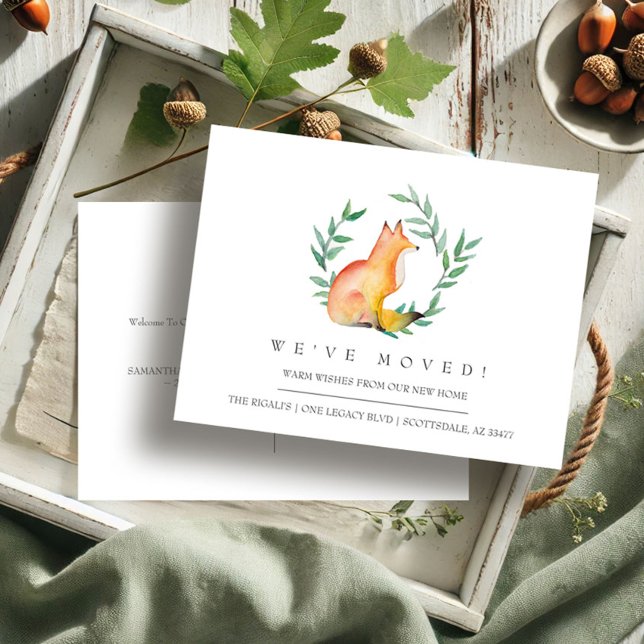 Vattenfärgsfox Nya meddelanden om Flytta i hemmet Vykort (Moving announcements watercolor fox and greenery art by Victoria Grigaliunas of VG Invites)