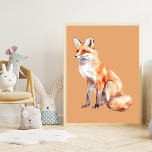 Vattenfärgsfox på blekens orange Nursery Art Poster