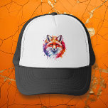 Vattenfärgsfoxillustration Keps<br><div class="desc">Fox vattenfärgsillustration truckerkeps med en abstrakt stänk i rött,  lila,  orange och blått.</div>