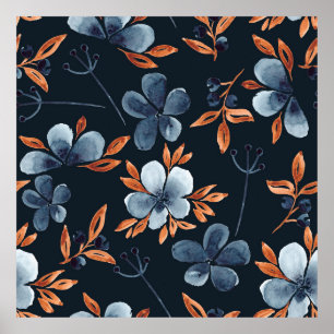 Vattenfärgsfritt blommönster med indigo flo poster