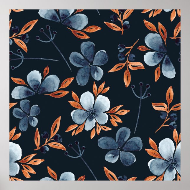 Vattenfärgsfritt blommönster med indigo flo poster (Framsidan)