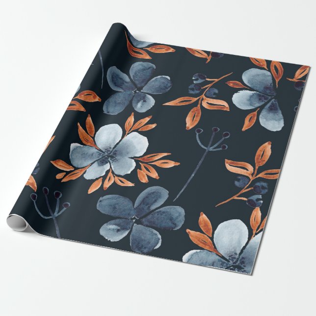 Vattenfärgsfritt blommönster med indigo flo presentpapper (Utrullad)