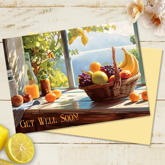 Vattenfärgsfrukt Basket kommer snart Kort (Get Well Soon card featuring a watercolor painting of a fruit basket overlooking the ocean)