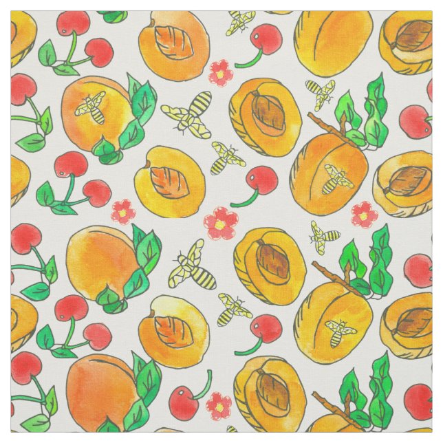 Vattenfärgsfruktblommor Bees Apricots Cherry Tyg (Provkarta)