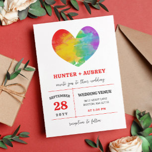 Vattenfärgsfyllt Pride Heart Gay Lesbisk Bröllop Inbjudningar