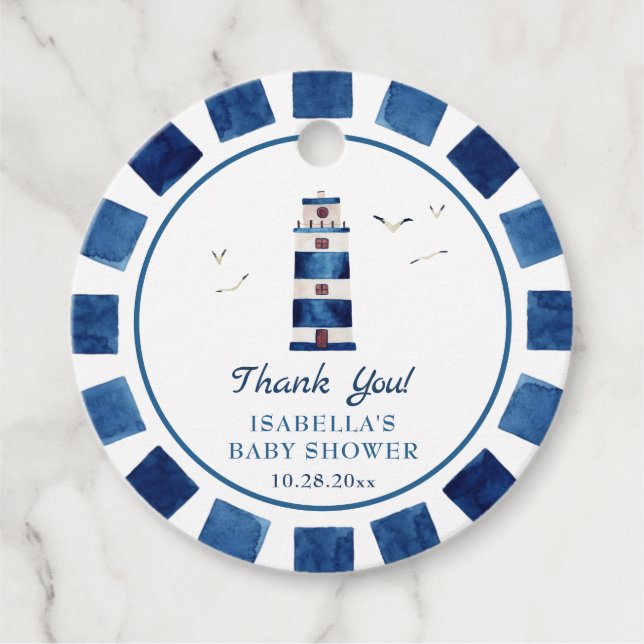 Vattenfärgsfyr Nautical Baby Shower Gåvor Etiketter (Framsida)