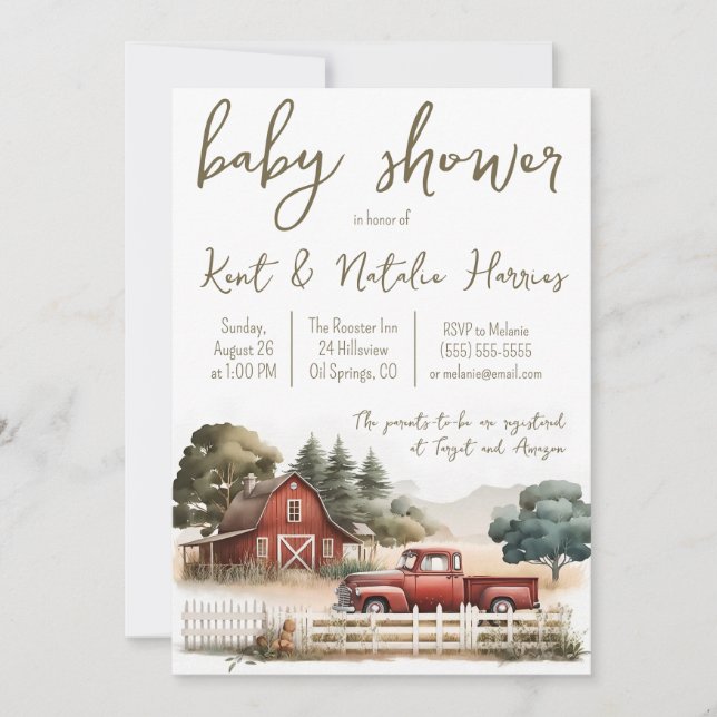 Vattenfärgsgård, Lastbil, Ligcape Baby Shower Inbjudningar (Framsida)