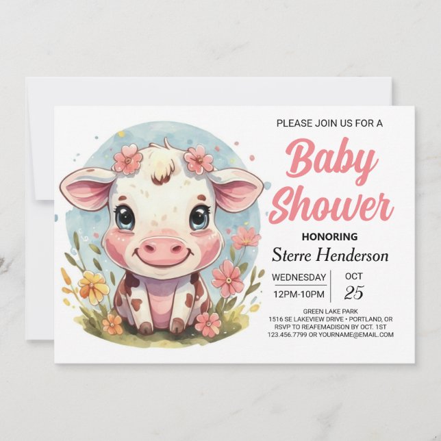 Vattenfärgsgårmyard Modern Cow Baby Shower Inbjudningar (Framsida)