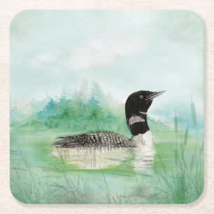 Vattenfärgsgemensam Loon Bird Nature Art Underlägg Papper Kvadrat