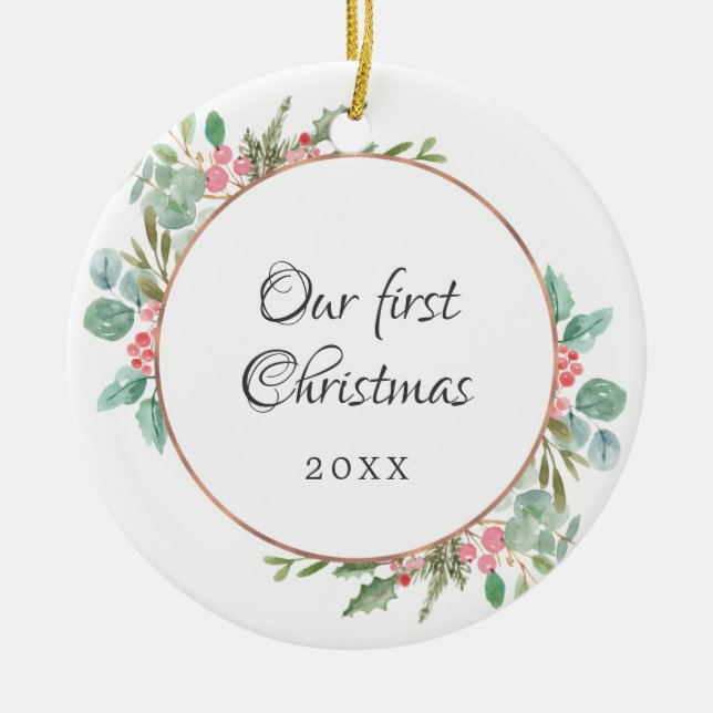 Vattenfärgsgeometri vårt första julfoto julgransprydnad keramik (Framsidan)
