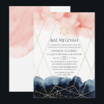 vattenfärgsgeometrisk Bat mitzvah Inbjudningar<br><div class="desc">Bat mitzvah inbjudan med marin blå och  rosa vattenfärgsfärg stänk och ett guld geometriskt ram.</div>