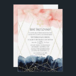 vattenfärgsgeometrisk Bat mitzvah Inbjudningar<br><div class="desc">Bat mitzvah inbjudan med marin blå och  rosa vattenfärgsfärg stänk och ett guld geometriskt ram.</div>