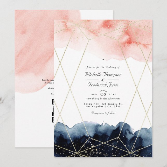  vattenfärgsgeometrisk QR-kod Bröllop Inbjudningar (Fram/baksida)