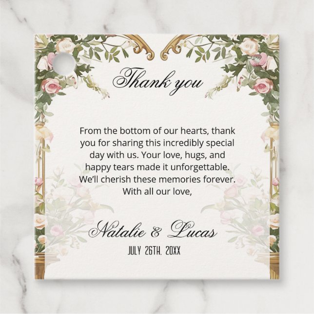 Vattenfärgsglaset Blommigt Heart Arch Bröllop Tack Gåvor Etiketter (Framsida)