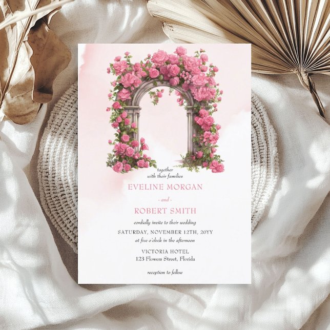 Vattenfärgsglaset shock rosa magenta ro bröllop inbjudningar (Watercolor hot pink magenta roses wedding arch invitation)