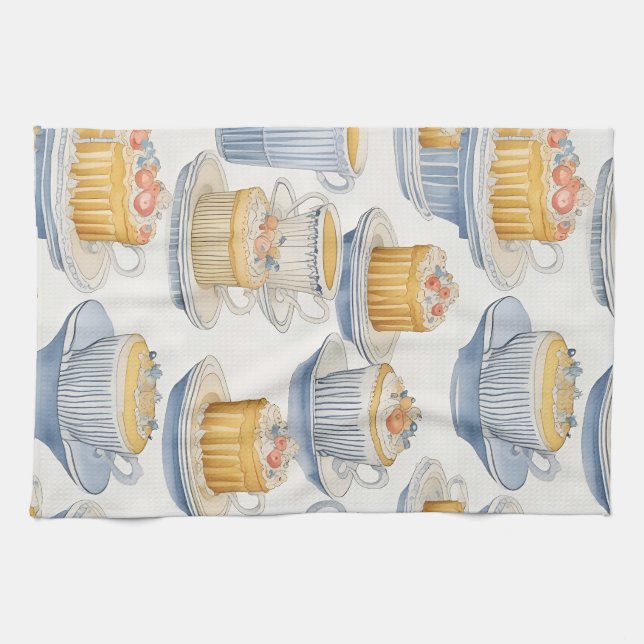 Vattenfärgsgrafik.. Finare-desserter. Cute tea kop Kökshandduk (Horisontell)
