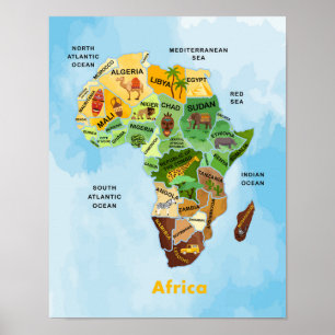 Vattenfärgsgrafik i afrika Karta Poster