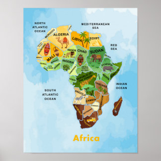 Vattenfärgsgrafik i afrika Karta Poster