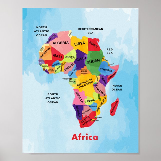 Vattenfärgsgrafik i afrika Karta Poster (Framsidan)