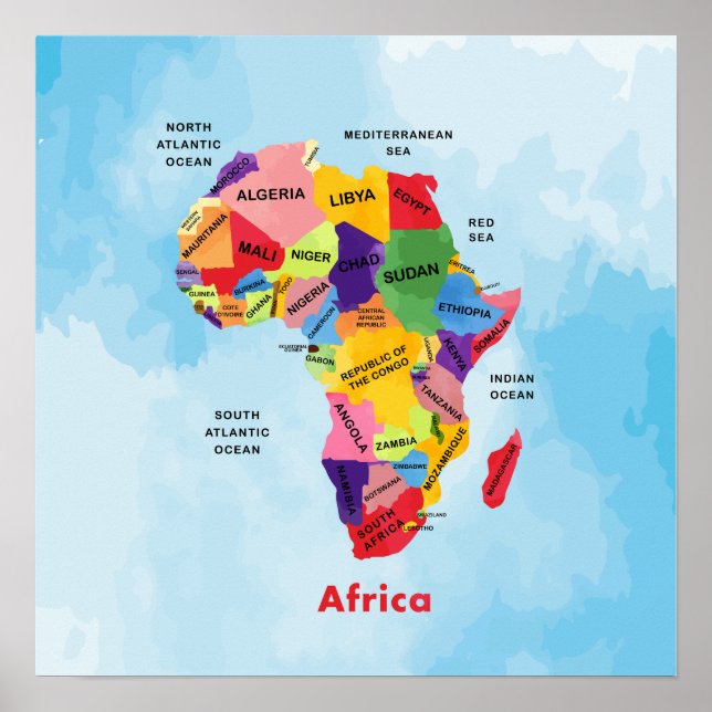 Vattenfärgsgrafik i afrika Karta Poster (Framsidan)