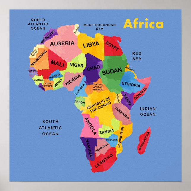 Vattenfärgsgrafik i afrika Karta Poster (Framsidan)