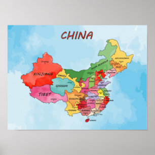 Vattenfärgsgrafik i china Karta Poster